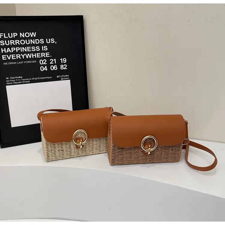 Women Beach Bag Orange Woven Square Shoulder Crossbody — feature 1