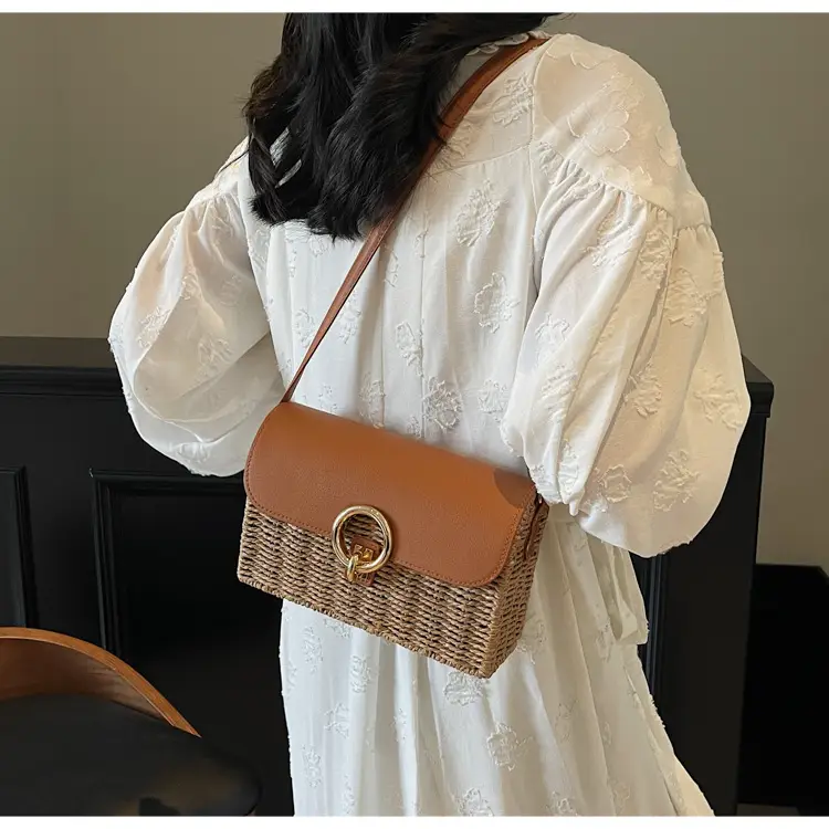 Women Beach Bag Orange Woven Square Shoulder Crossbody — feature 10