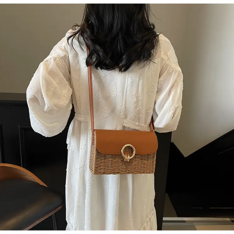 Women Beach Bag Orange Woven Square Shoulder Crossbody — feature 11