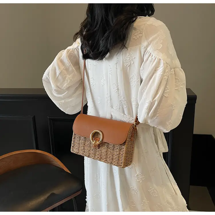 Women Beach Bag Orange Woven Square Shoulder Crossbody — feature 12
