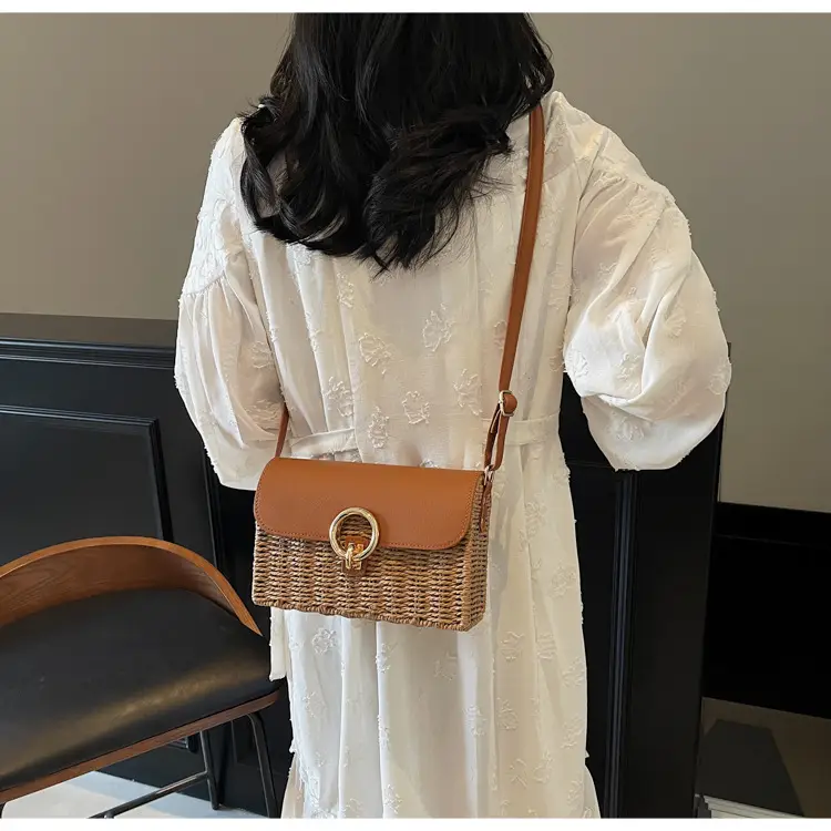Women Beach Bag Orange Woven Square Shoulder Crossbody — feature 13