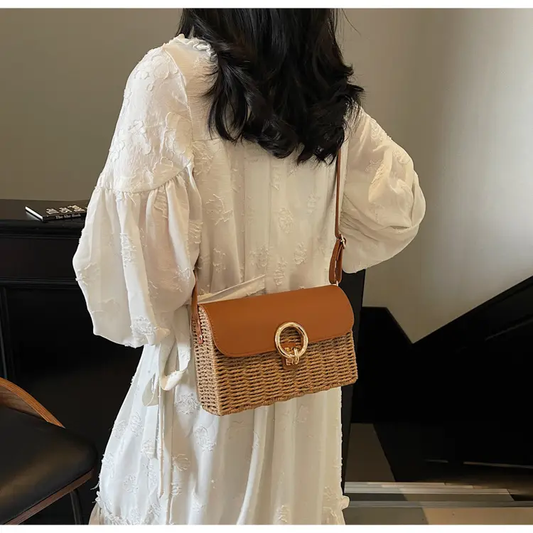 Women Beach Bag Orange Woven Square Shoulder Crossbody — feature 14