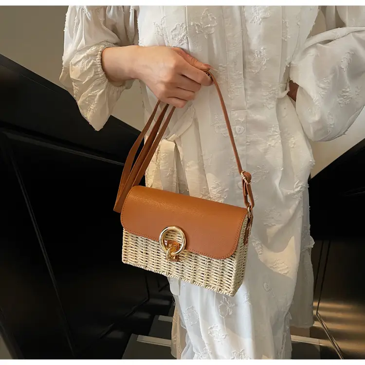 Women Beach Bag Orange Woven Square Shoulder Crossbody — feature 15