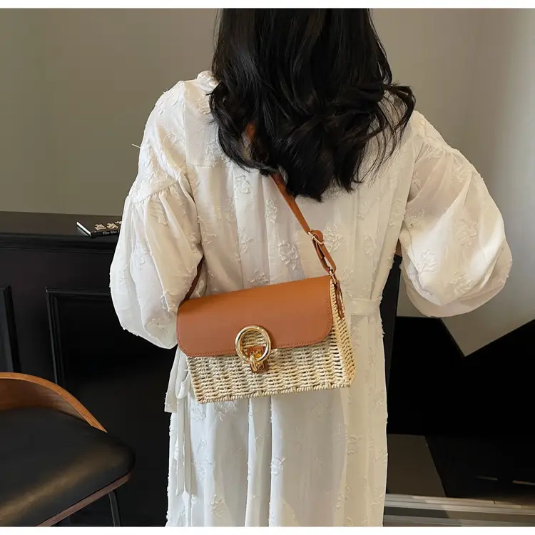 Women Beach Bag Orange Woven Square Shoulder Crossbody — feature 16