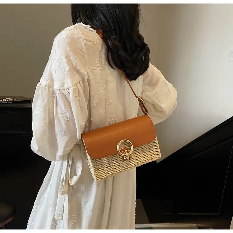 Women Beach Bag Orange Woven Square Shoulder Crossbody — feature 17