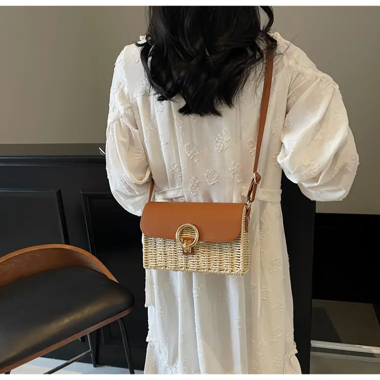 Women Beach Bag Orange Woven Square Shoulder Crossbody — feature 18
