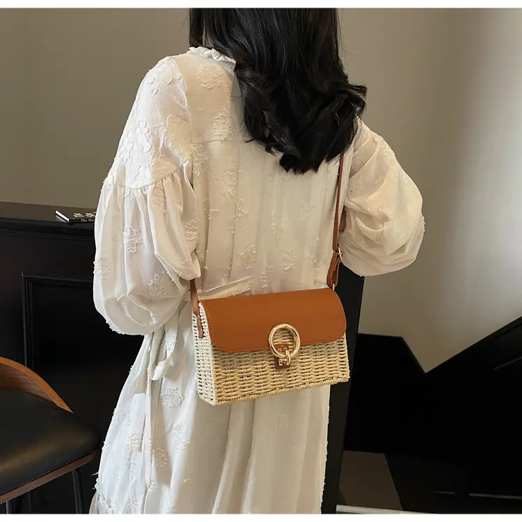 Women Beach Bag Orange Woven Square Shoulder Crossbody — feature 19