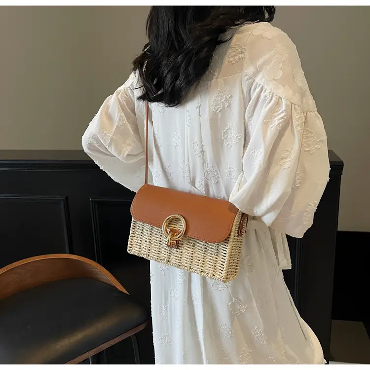 Women Beach Bag Orange Woven Square Shoulder Crossbody — feature 21