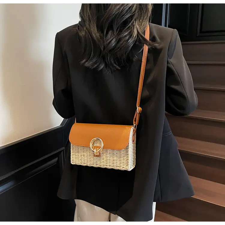 Women Beach Bag Orange Woven Square Shoulder Crossbody — feature 22