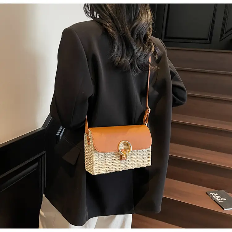 Women Beach Bag Orange Woven Square Shoulder Crossbody — feature 23