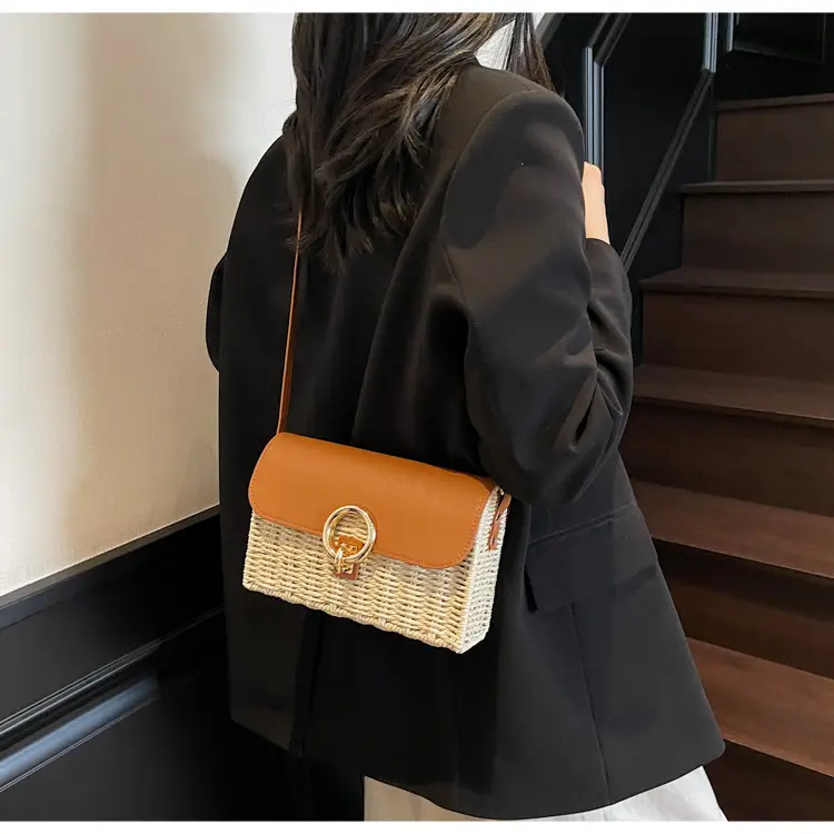 Women Beach Bag Orange Woven Square Shoulder Crossbody — feature 24