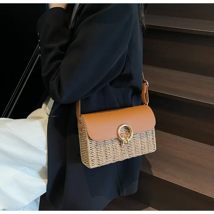 Women Beach Bag Orange Woven Square Shoulder Crossbody — feature 25
