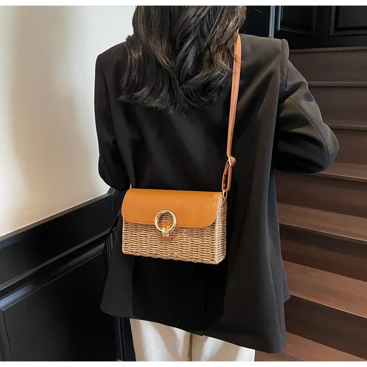 Women Beach Bag Orange Woven Square Shoulder Crossbody — feature 26