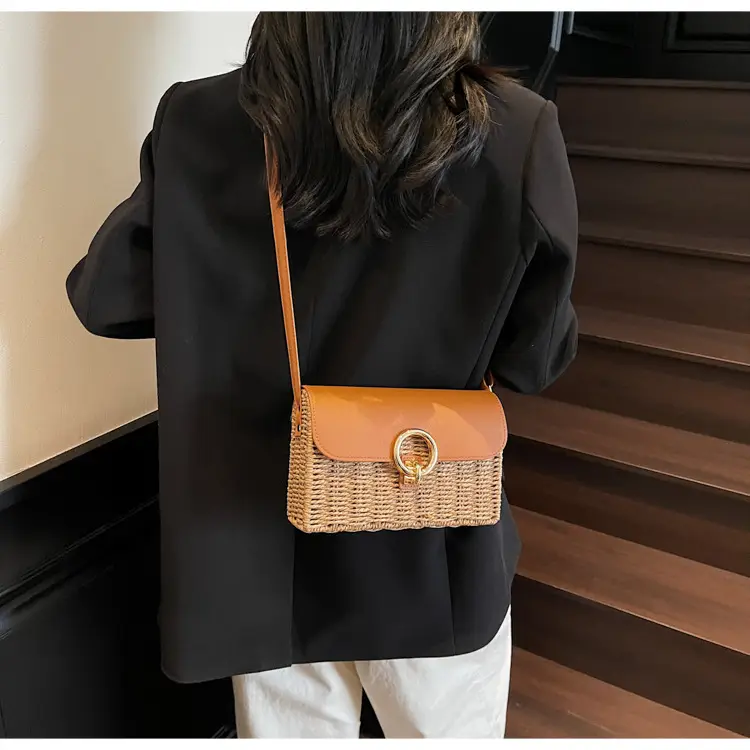 Women Beach Bag Orange Woven Square Shoulder Crossbody — feature 27