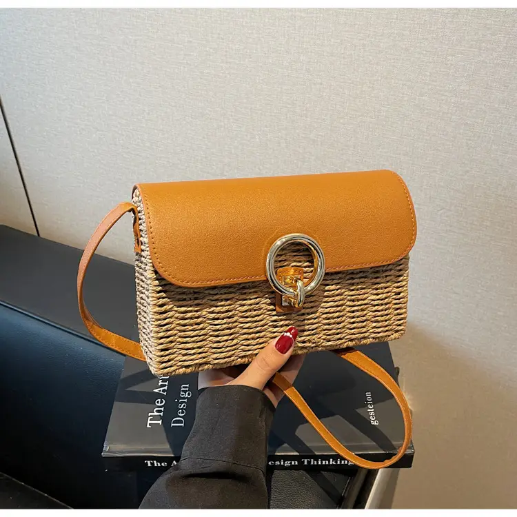 Women Beach Bag Orange Woven Square Shoulder Crossbody — feature 28