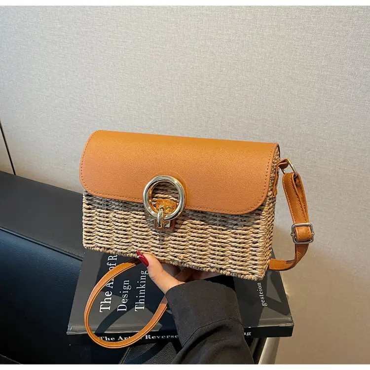 Women Beach Bag Orange Woven Square Shoulder Crossbody — feature 29