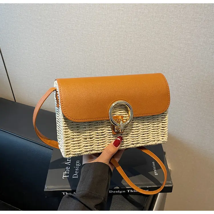 Women Beach Bag Orange Woven Square Shoulder Crossbody — feature 30