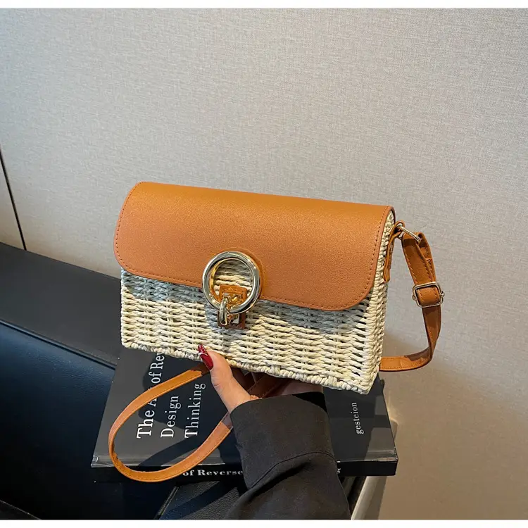 Women Beach Bag Orange Woven Square Shoulder Crossbody — feature 31