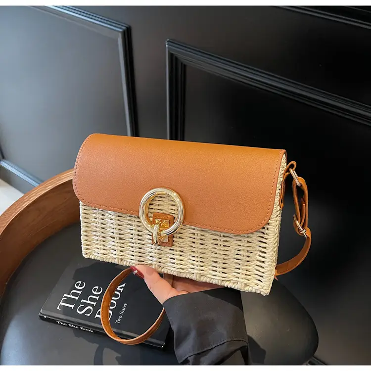 Women Beach Bag Orange Woven Square Shoulder Crossbody — feature 32