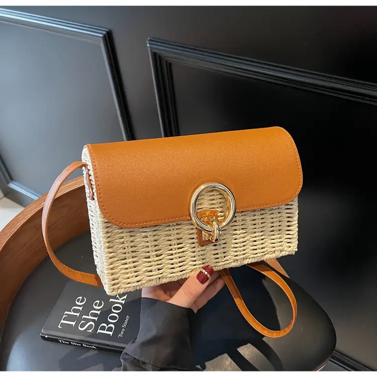 Women Beach Bag Orange Woven Square Shoulder Crossbody — feature 33