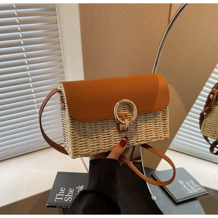 Women Beach Bag Orange Woven Square Shoulder Crossbody — feature 34