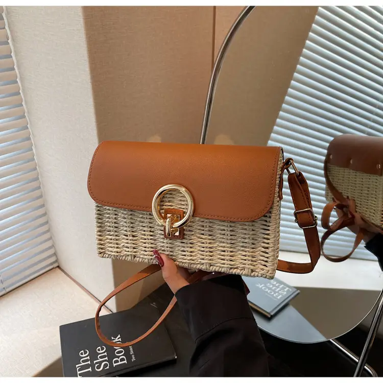 Women Beach Bag Orange Woven Square Shoulder Crossbody — feature 35