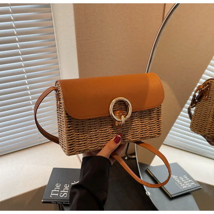 Women Beach Bag Orange Woven Square Shoulder Crossbody — feature 36