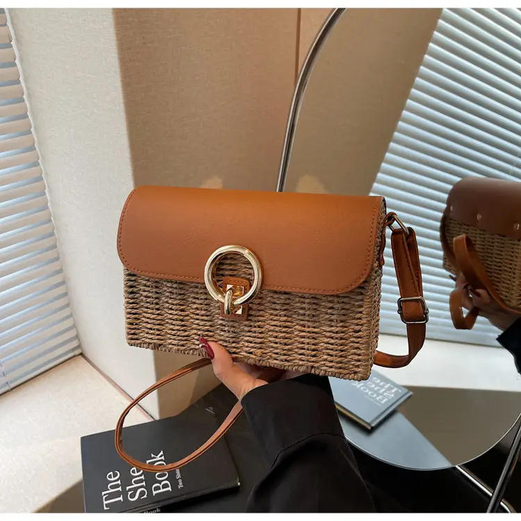 Women Beach Bag Orange Woven Square Shoulder Crossbody — feature 37