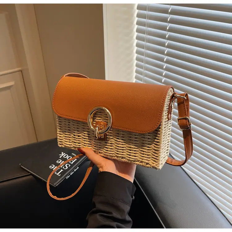 Women Beach Bag Orange Woven Square Shoulder Crossbody — feature 38