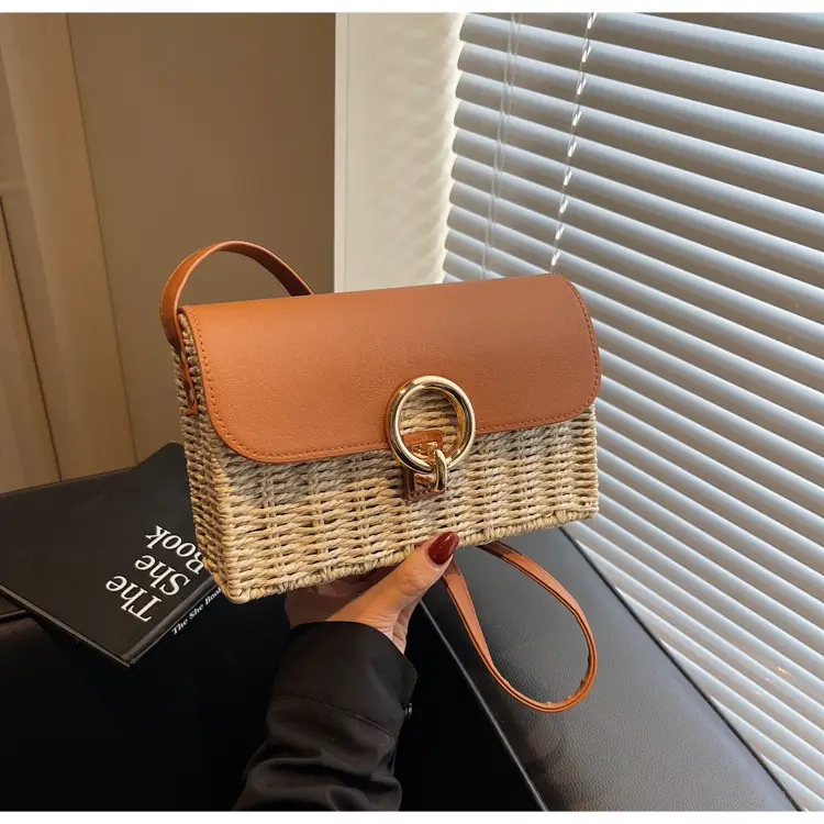 Women Beach Bag Orange Woven Square Shoulder Crossbody — feature 39