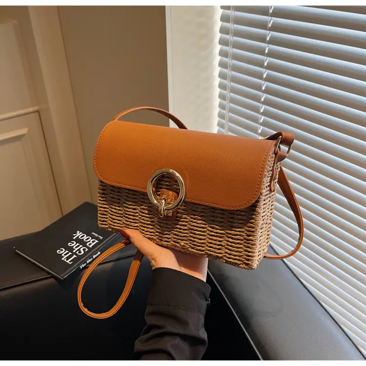 Women Beach Bag Orange Woven Square Shoulder Crossbody — feature 40