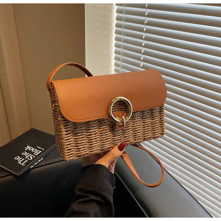 Women Beach Bag Orange Woven Square Shoulder Crossbody — feature 41