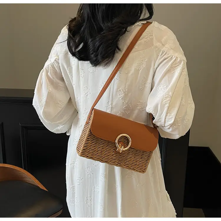 Women Beach Bag Orange Woven Square Shoulder Crossbody — feature 9