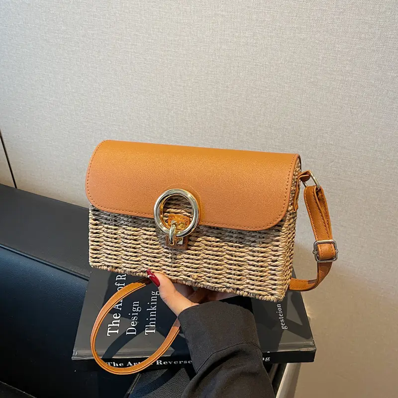 Women Beach Bag Orange Woven Square Shoulder Crossbody - Image 2