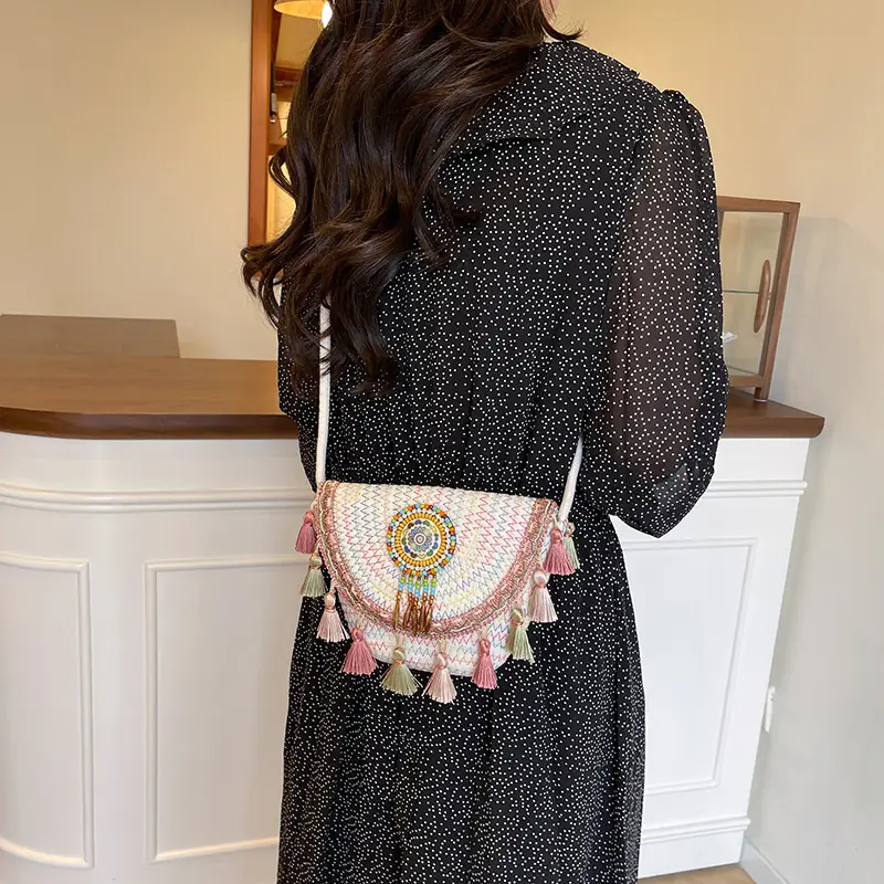 Straw Tassel Crossbody Bag with Embroidered Ball