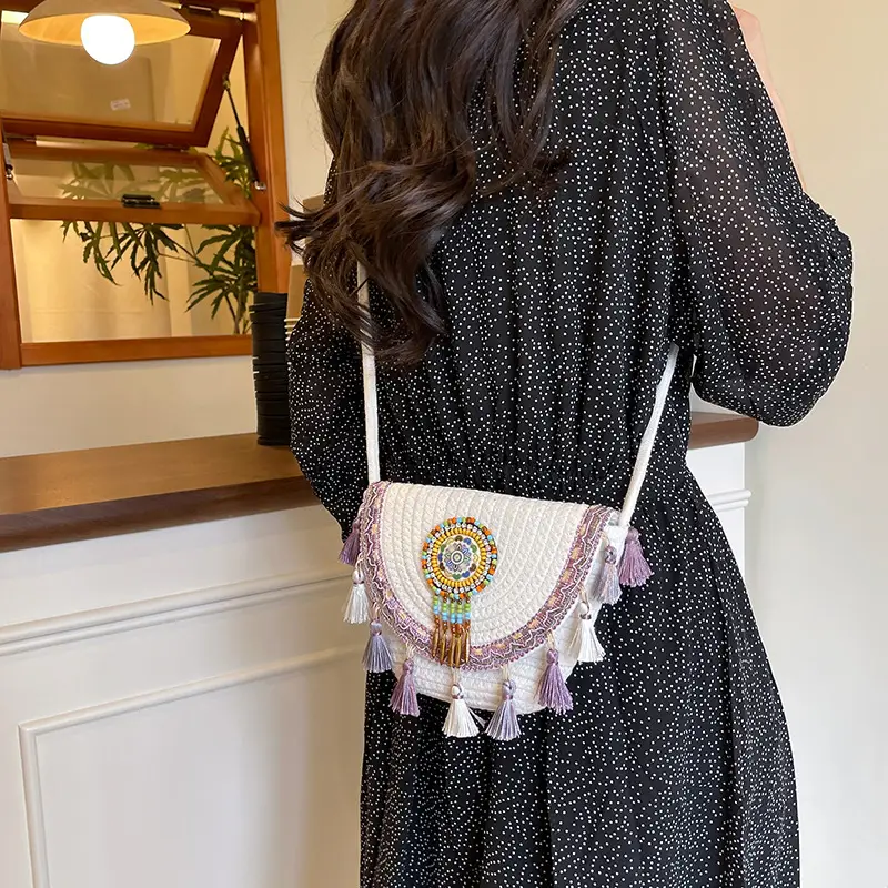 Straw Tassel Crossbody Bag with Embroidered Ball