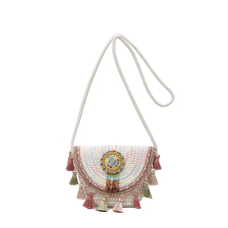 Straw Tassel Crossbody Bag with Embroidered Ball