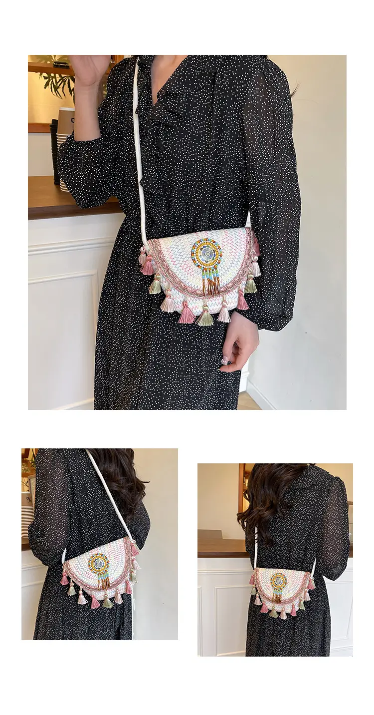 Straw Tassel Crossbody Bag with Embroidered Ball — feature 10