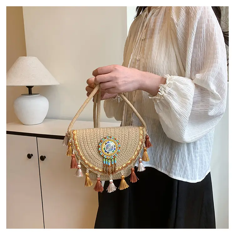 Straw Tassel Crossbody Bag with Embroidered Ball — feature 12