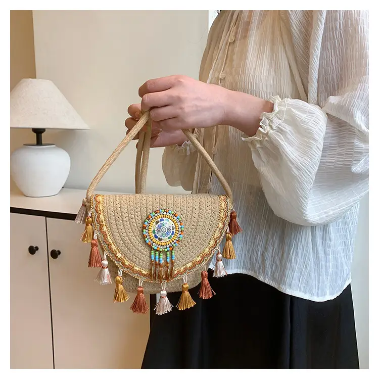Straw Tassel Crossbody Bag with Embroidered Ball — feature 13