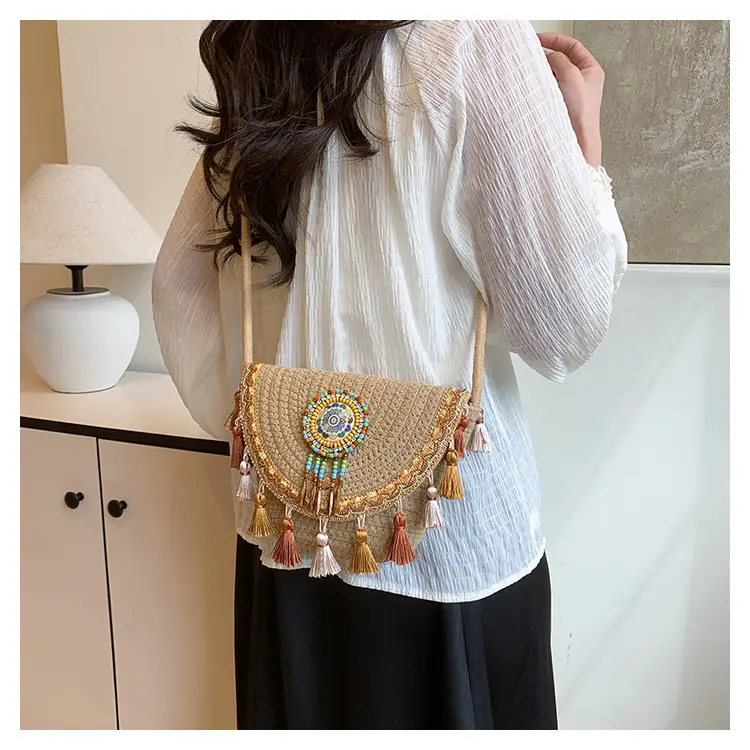 Straw Tassel Crossbody Bag with Embroidered Ball — feature 14