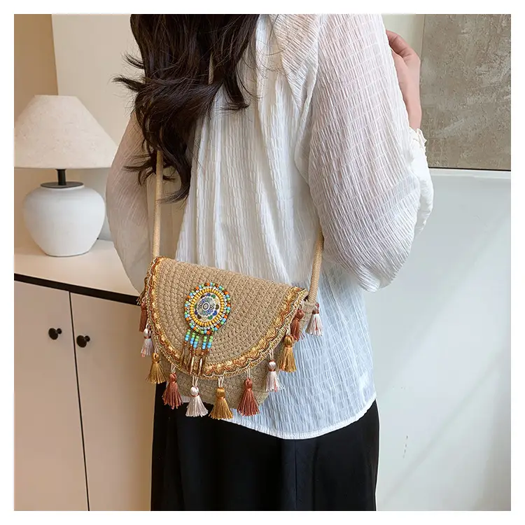 Straw Tassel Crossbody Bag with Embroidered Ball — feature 15