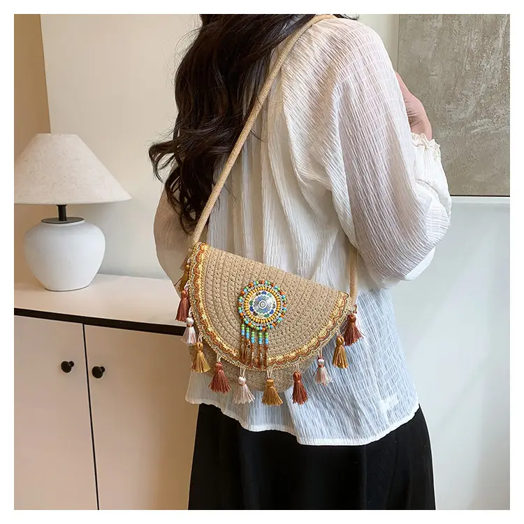 Straw Tassel Crossbody Bag with Embroidered Ball — feature 16