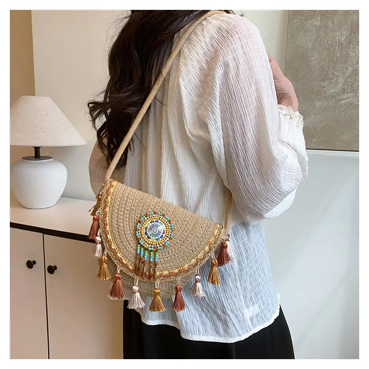 Straw Tassel Crossbody Bag with Embroidered Ball — feature 17