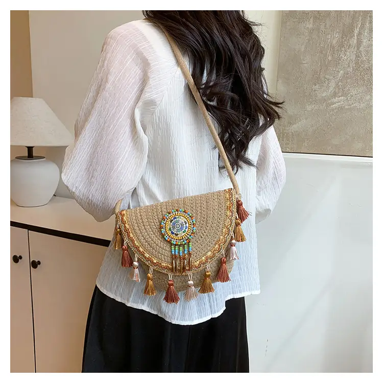 Straw Tassel Crossbody Bag with Embroidered Ball — feature 18