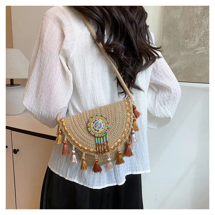 Straw Tassel Crossbody Bag with Embroidered Ball — feature 19