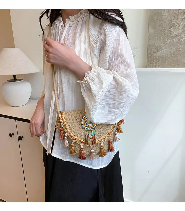 Straw Tassel Crossbody Bag with Embroidered Ball — feature 2