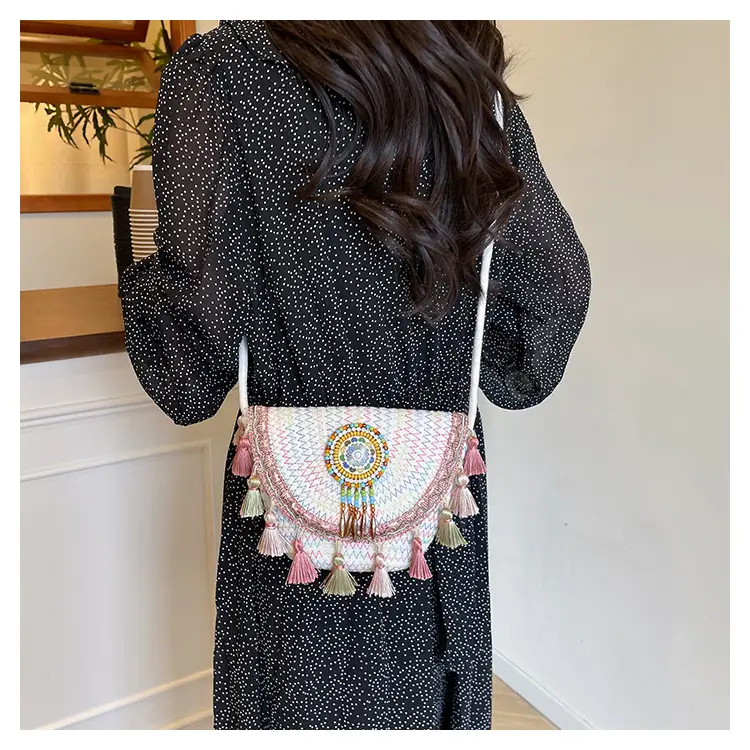 Straw Tassel Crossbody Bag with Embroidered Ball — feature 20