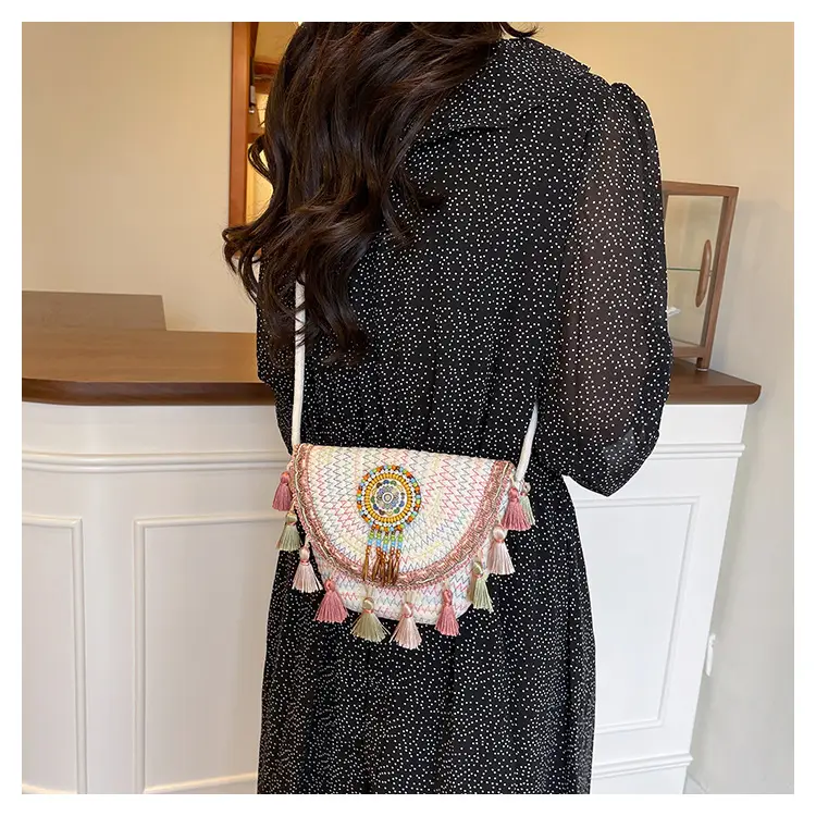 Straw Tassel Crossbody Bag with Embroidered Ball — feature 22