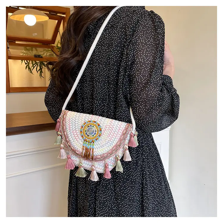 Straw Tassel Crossbody Bag with Embroidered Ball — feature 25